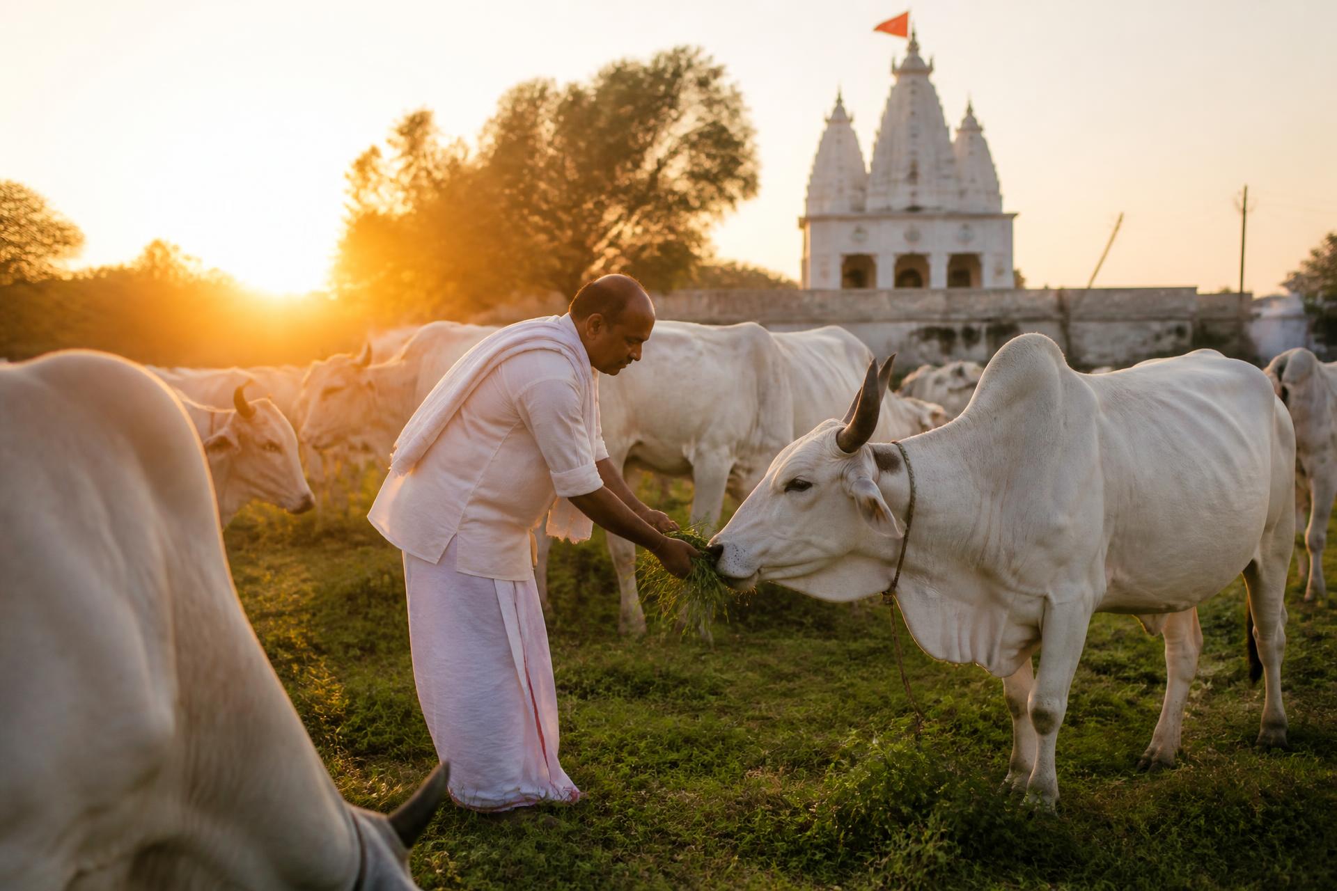 गौशाला में गौ माता की सेवा करते हुए स्वयंसेवक — golden hour