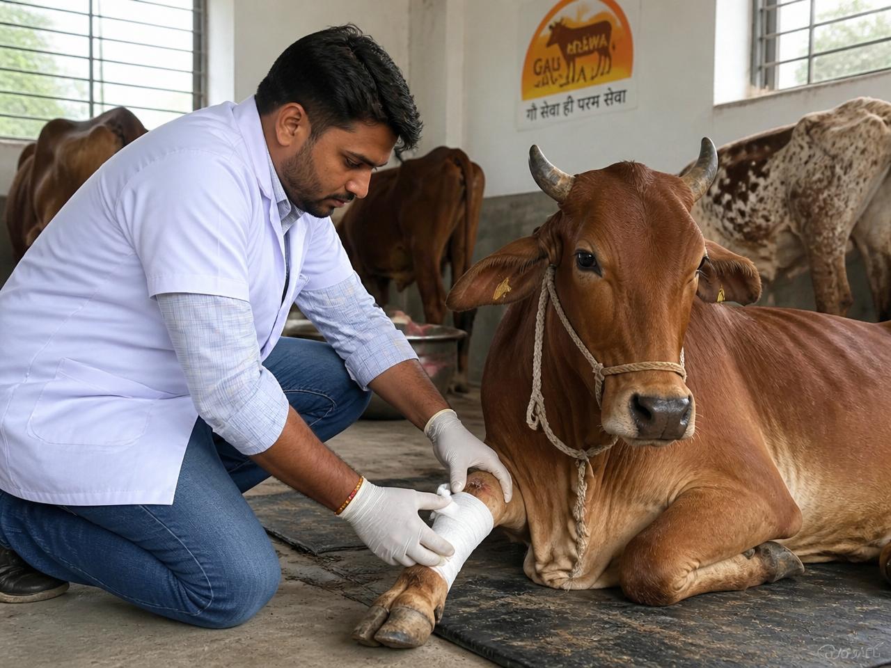 वेटरनरी डॉक्टर घायल गौ माता का उपचार करते हुए